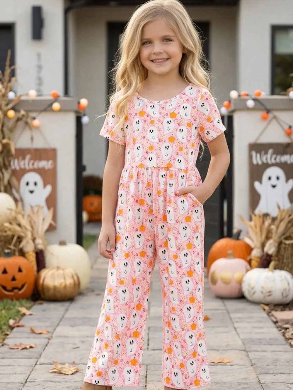 🎃 Pink Ghost Girls’ Halloween Jumpsuit